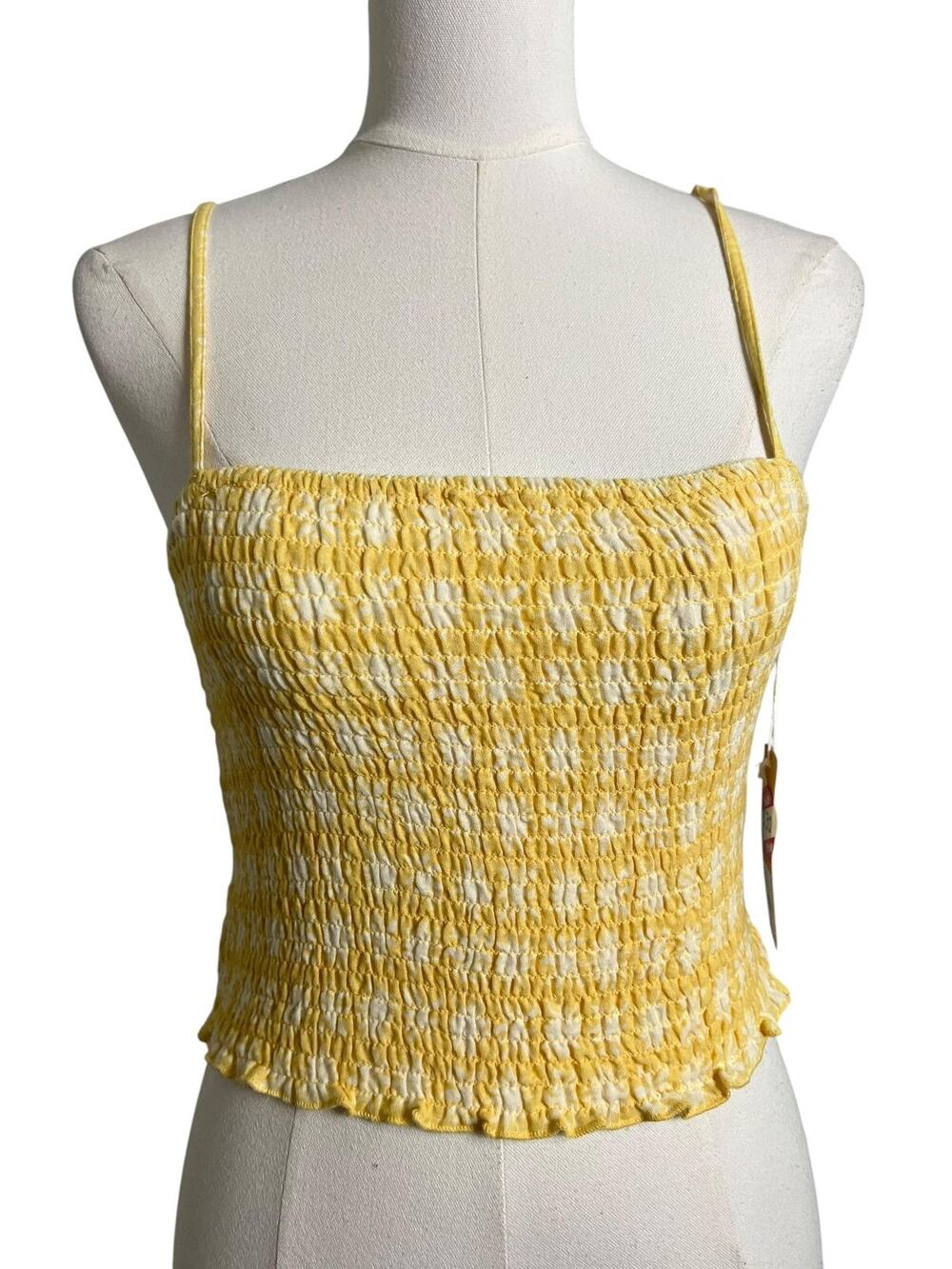 SISSTR Breezy Babe Tank Top Women Medium Yellow Smocked Cami Square Neck Stretch